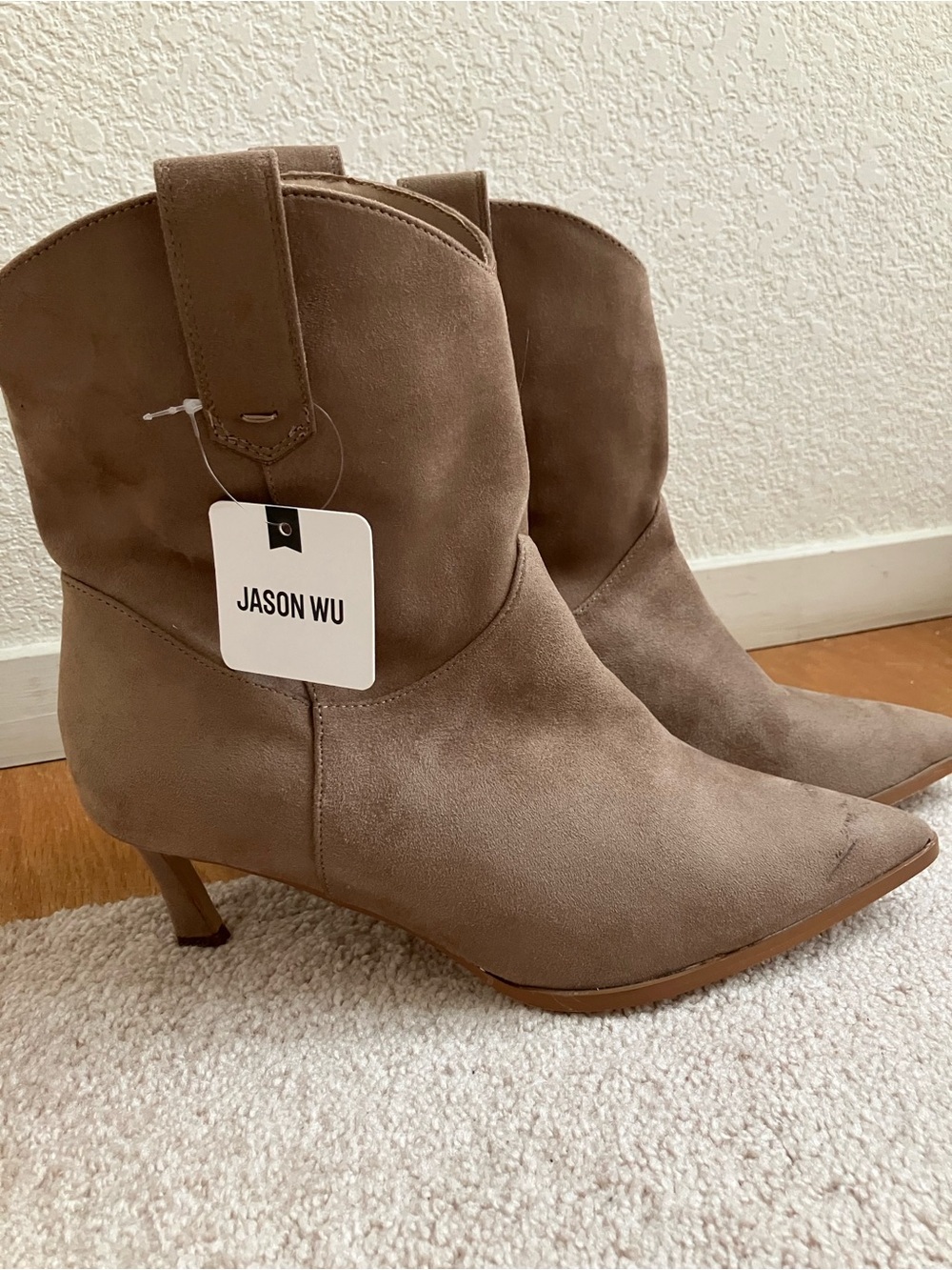 JASON WU Kodey Microsuede Heeled Ankle Boots Faux Suede Taupe 10 NEW NWT